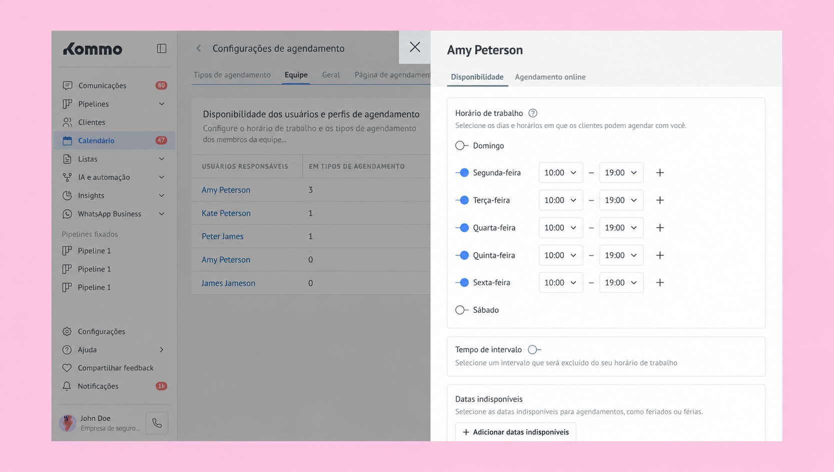 User availability settings for Amy Peterson in scheduling application interface.